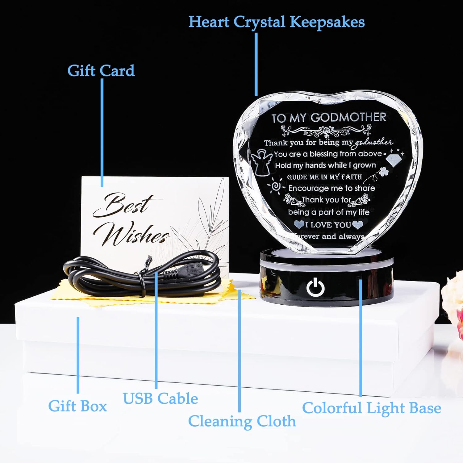 YWHL Godmother Gifts from Godchild with Colorful LED Base Best Heart Crystal Keepsakes Godmother Gift Idea from Goddaughter Godson for Mothers Day, Christmas, Birthday, Thanksgiving