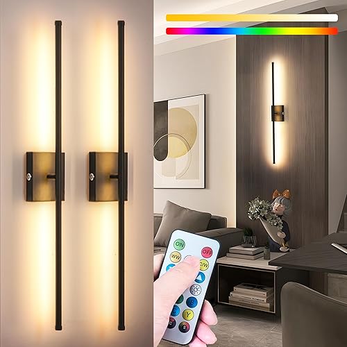Battery Operated Wall Sconce Set Of 2, Wireless Wall light With Remote Control, 10000mAh Rechargeable Wall Sconce Up To 70 hrs Of Lighting Time, RGB Dimmable Wall Lamp For Bedroom Hallway, 360°Rotate