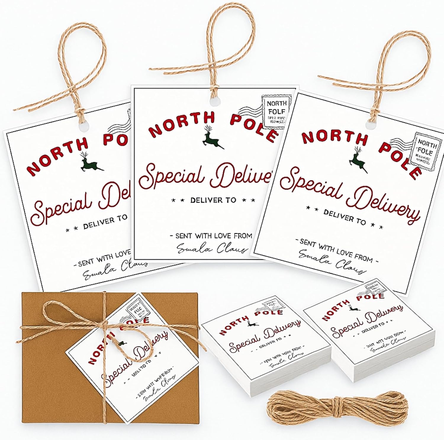 50 Pcs North Pole Christmas Gift Tags from Santa Claus 3.15 x 3.15 Inch Christmas Santa Gift Tags with String North Pole Wrapping Paper Labels for Xmas Presents Wrapping Events Holiday