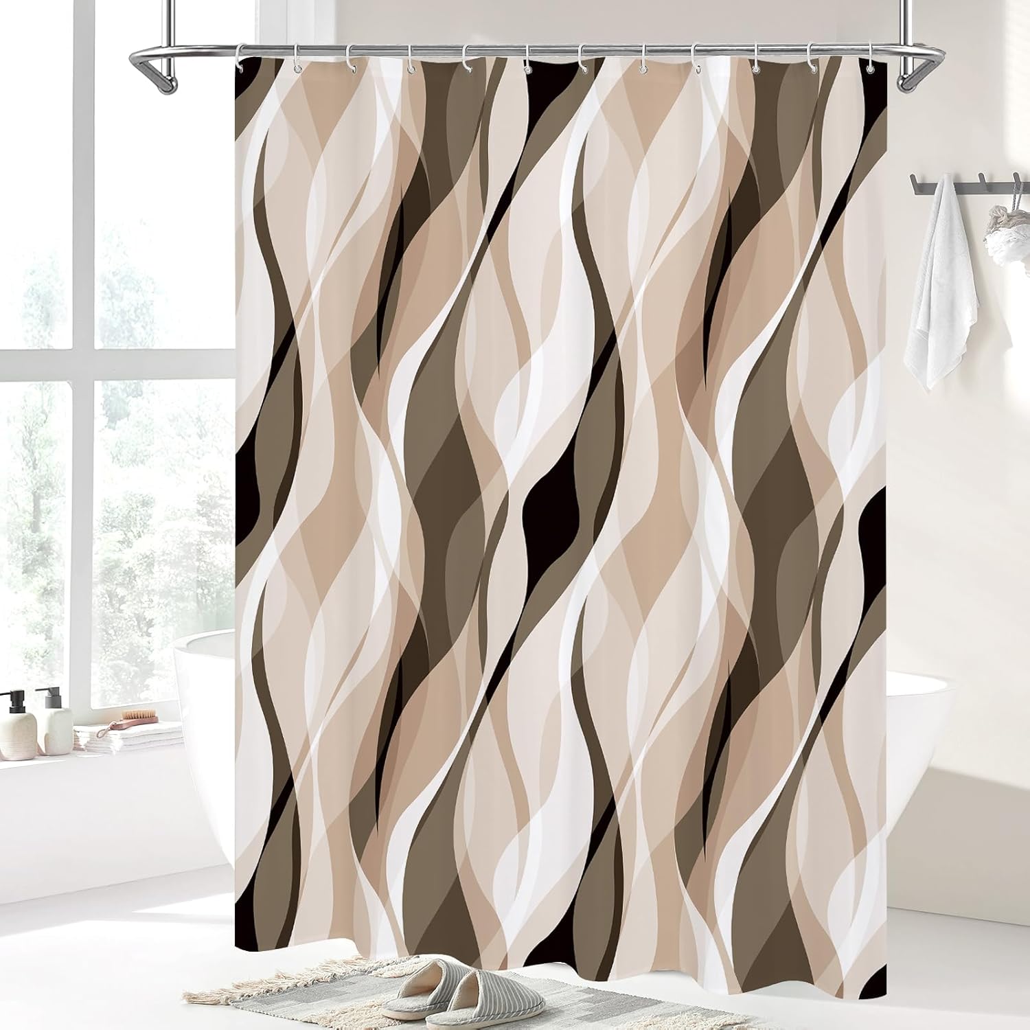 Litabel Cream Black Wavy Ombre Shower Curtain with Luxury Striped Design, Waterproof Quick-Dry Fabric, Modern Abstract Bathroom Curtain Set with 12 Hooks, 72x72 Inches