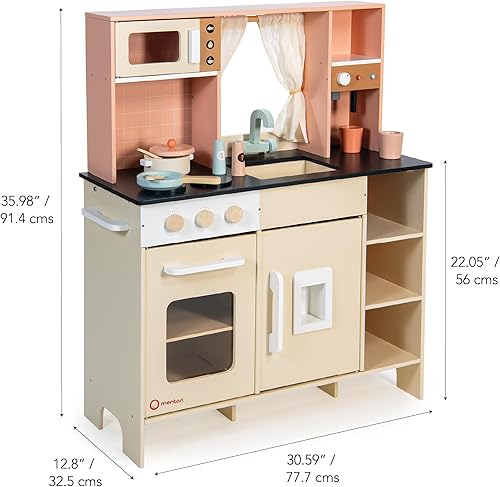 Miniatura 2 de Mentari Juguetes - Cocina de juego de crema - Juego de cocina de madera con máquina de café expreso, dispensador de hielo y microondas para niños -