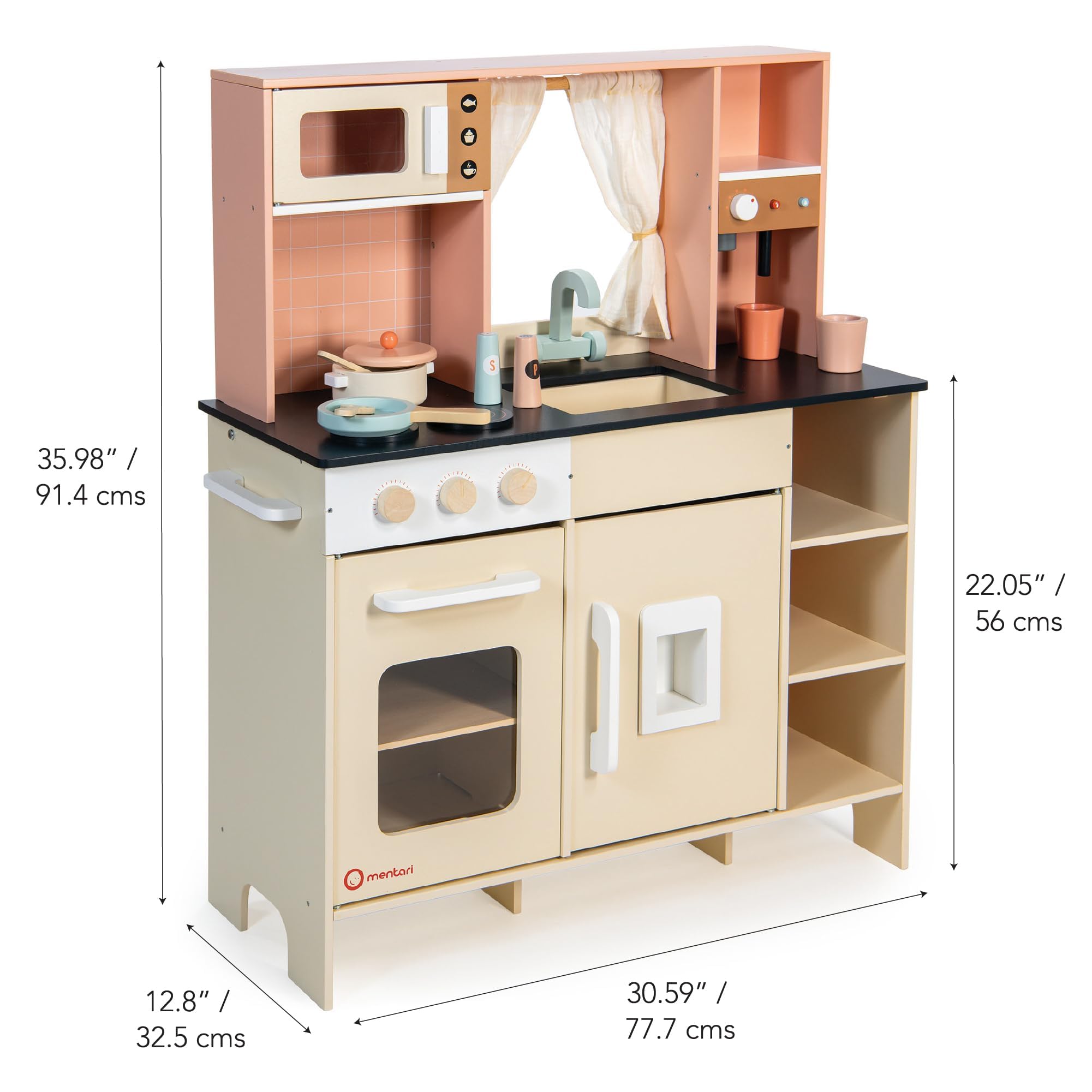 Mentari Toys Cream Play Kitchen drewniany zestaw kuchenny z ekspresem do espresso, dozownik lodu i kuchenka mikrofalowa, dla dzieci, pobudza wyobraźnię i umiejętności motoryczne