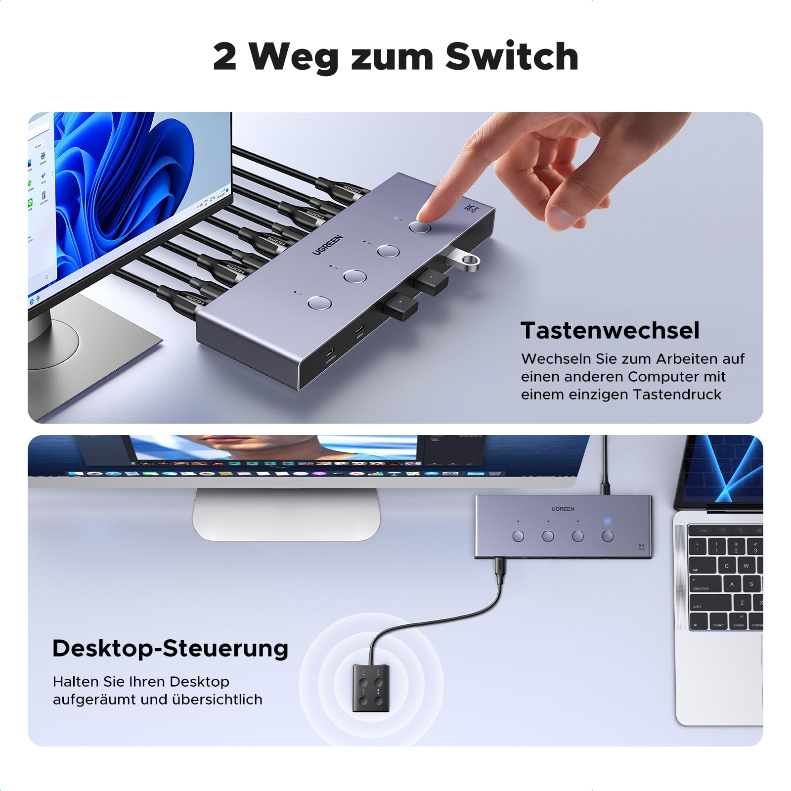 UGREEN HDMI 2.1 KVM Switch 4 In 1 Out 8K@60Hz USB 3.0 Switch 4 Ports 1 Monitor und Tastatur, Maus, Drucker, U Disk für 4PC