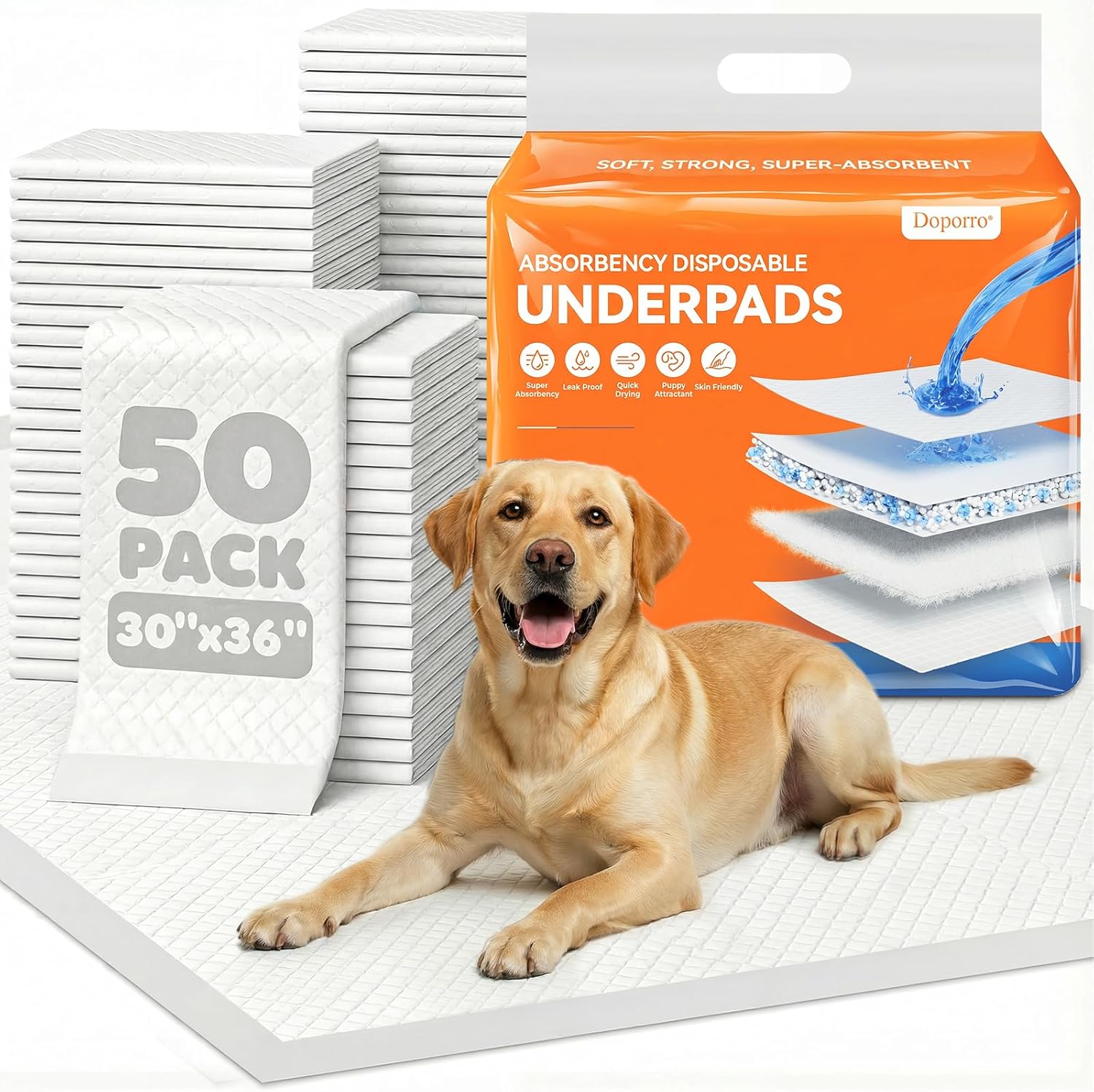 Disposable Pee Pads for Dogs, Puppies & Adults, 30” x 36” (50 Count), Super Absorbent Extra-Large Potty Pads with Adhesive Strips, Quick-Dry Indoor Protection for Pets