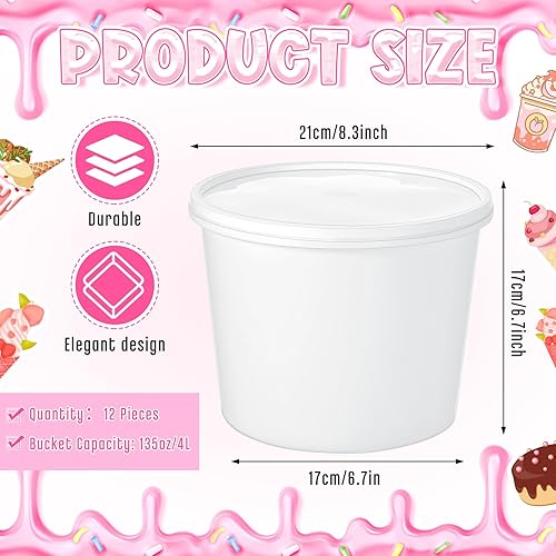 Miniatura 2 de 12 cubos de helado de 1 galón con tapas, recipientes redondos de plástico de almacenamiento de alimentos de 135 onzas, cubeta de ron de cóctel para