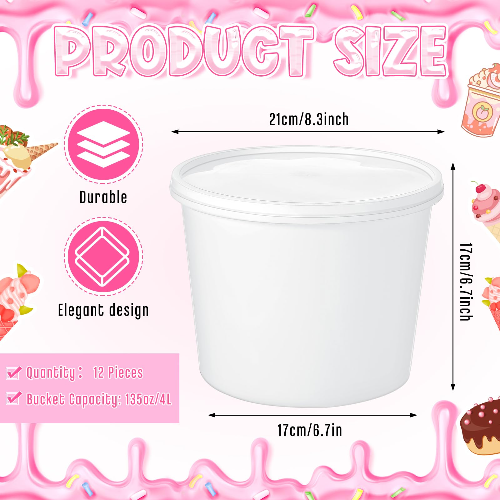 12 Pcs 1 Gallon Ice Cream Buckets with Lids 135 oz White Round Plastic