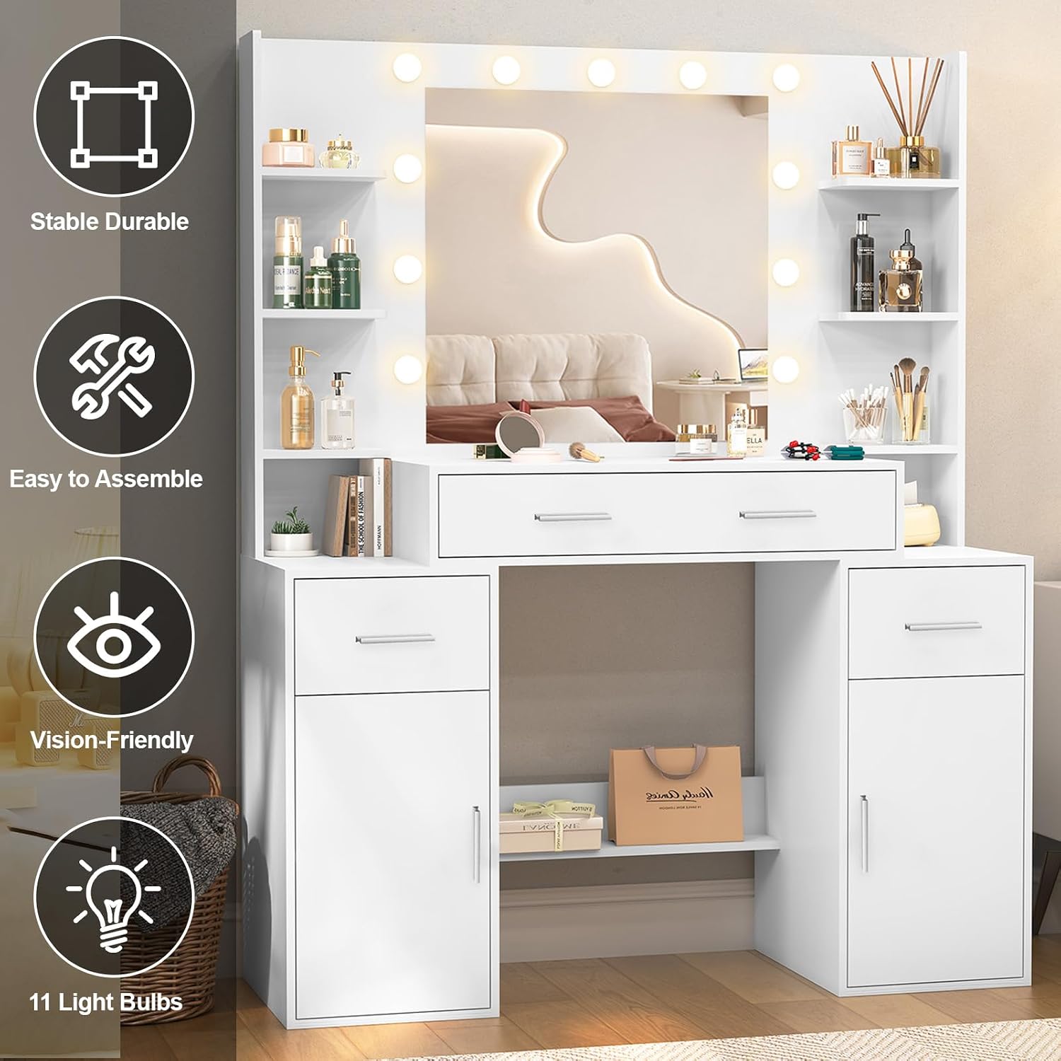 White Vanity Desk with Mirror,Makeup Vanity Table with 6 Drawers 8 Shelves & LED Mirror,3 Modes Light Adjustable,Vanity Desk for Bedroom,43.3" L*15.8" W*55.2" H.