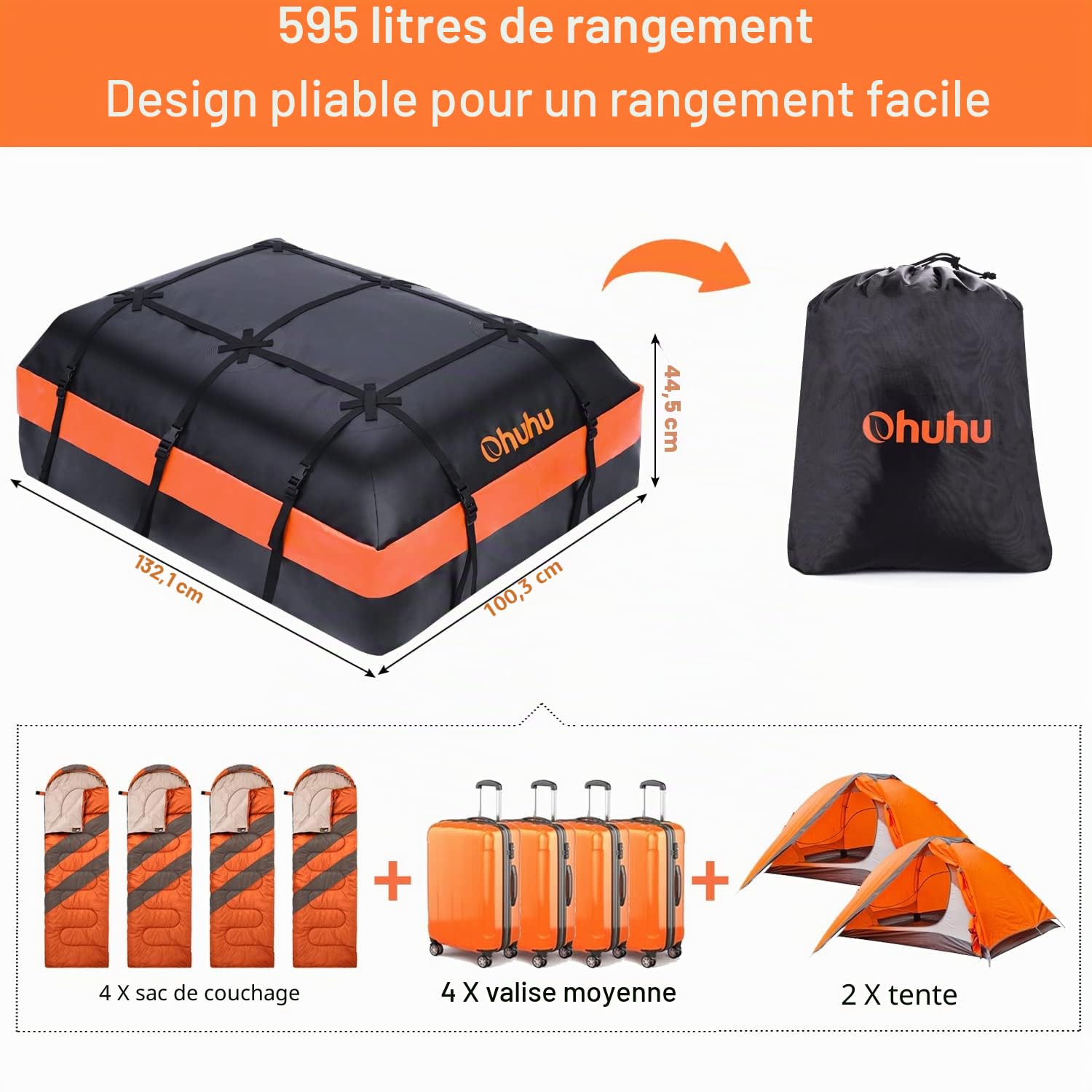 Ohuhu Coffre de Toit 21 Pieds Cubes – Sac de Toit Étanche pour Voiture avec Tapis Anti-Dérapant, Porte-Bagages Souple 840D pour Tous Véhicules avec/sans Barres de Toit