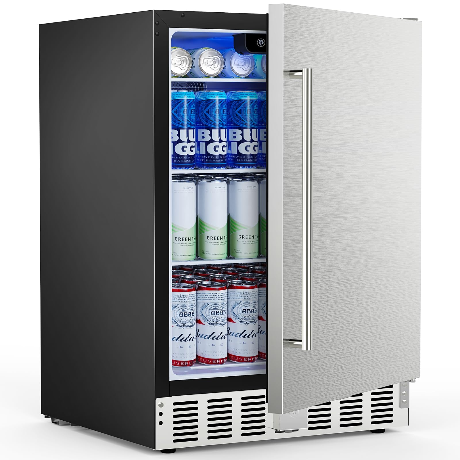 24 Inch Under Counter Beverage Refrigerator, Built-in and Freestanding Compact Beverage Fridge Cooler 180 Cans with Stainless Steel Seamless Door, Powerful Cooling Compressor for Patio Kitchen