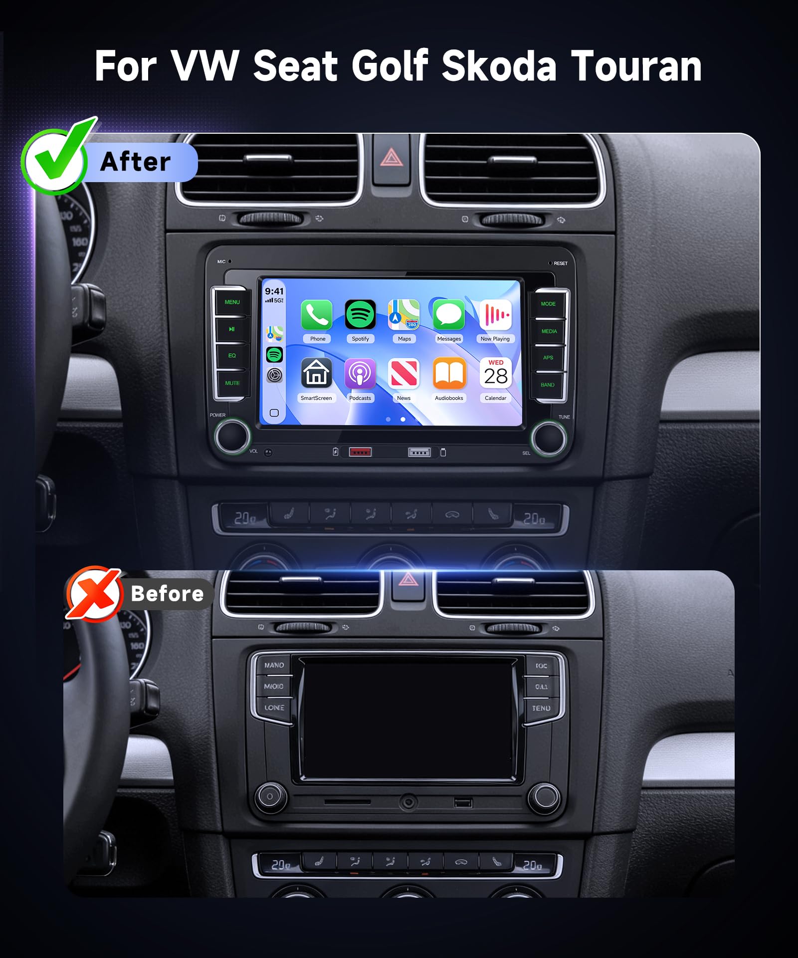 Hodozzy Radio Coche para VW Passat Golf Seat Altea Skoda Octavia con CarPlay Inalámbrico Android Auto, 9 Pulgadas Touchsreen con Bluetooth/RDS Radio/SWC/GPS/Dual USB/EQ+Cámara de Visión Trasera