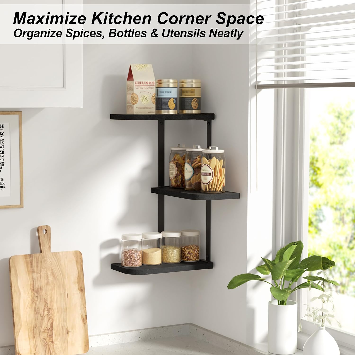 Love-KANKEI Corner Wall Shelf 3 Tier,Solid Wood with Bracket,17" Tall,Black image 3