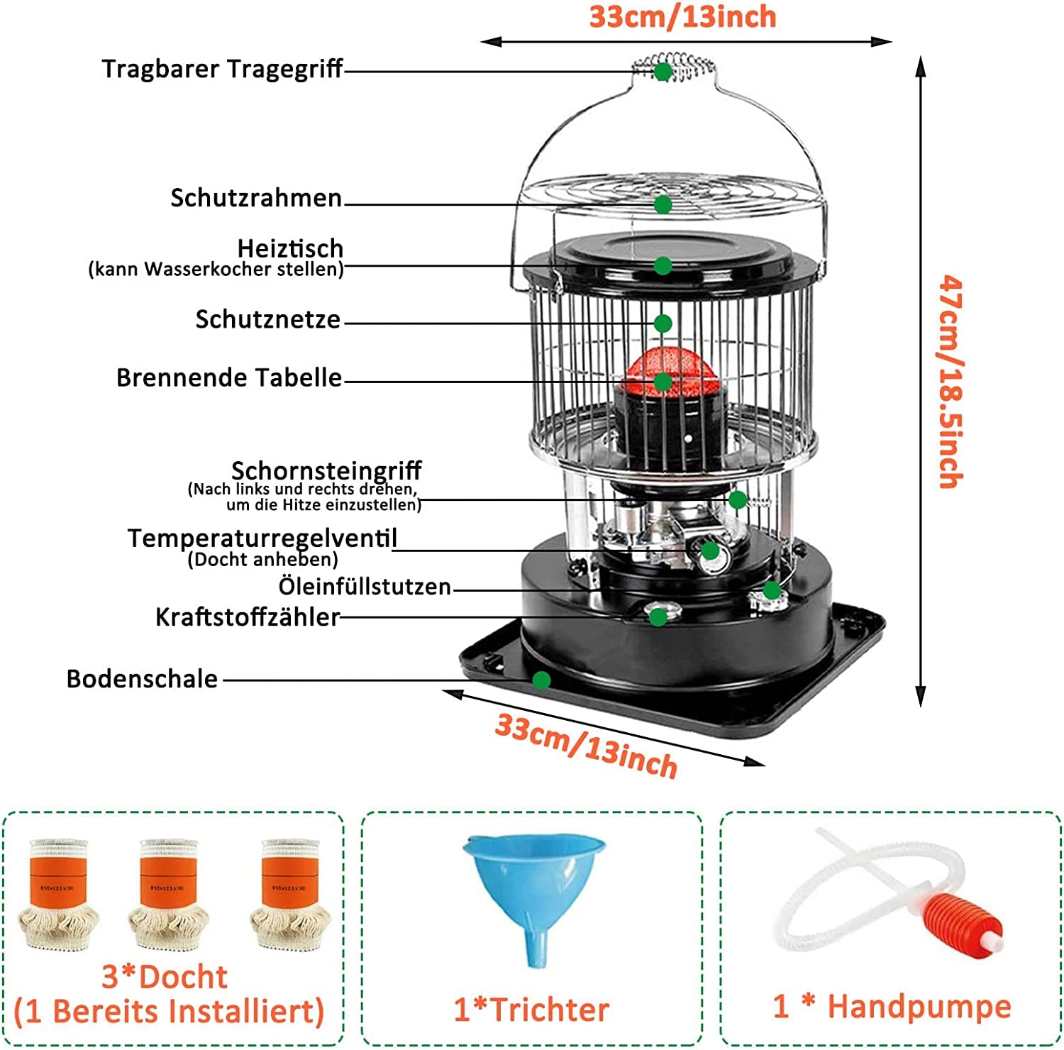 Petroleumofen für Innenräume, Ohne Strom Mobile Petroliumheizer Petroleum Heizung Heizer mit Umfallschutz und Löschautomatik 360° Heizstrahler für Indoor Zeltheizung Camping Kochen Notheizung (6L)