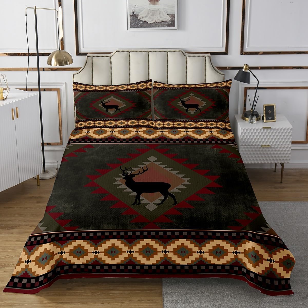 Erosebridal Rustic Deer Pattern Coverlet Set Queen Country Hunting Woodland Bedspread Boho Western Aztec Quilt Set for Kids Adults,Bohemian Geometric Bedding Quilted