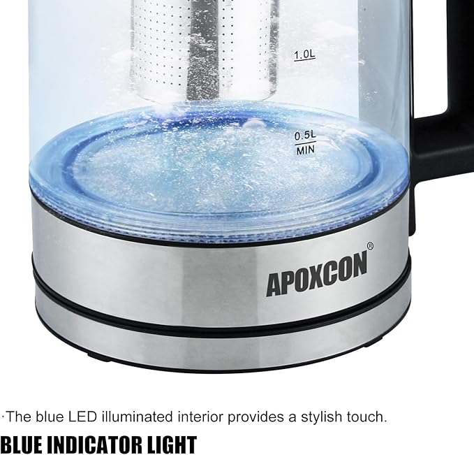 Tetera Eléctrica APOXCON 1.8L de Vidrio Borosilicato con Infusor miniatura 7