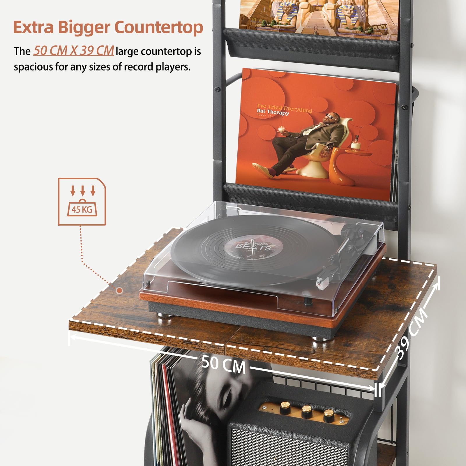 Mobile Giradischi e Porta Vinili, Porta Dischi Vinile, Vinili da Parete a 3 Livelli, Mobile per Giradischi e Vinili Archiviazione fino a 200 Albums, Cds