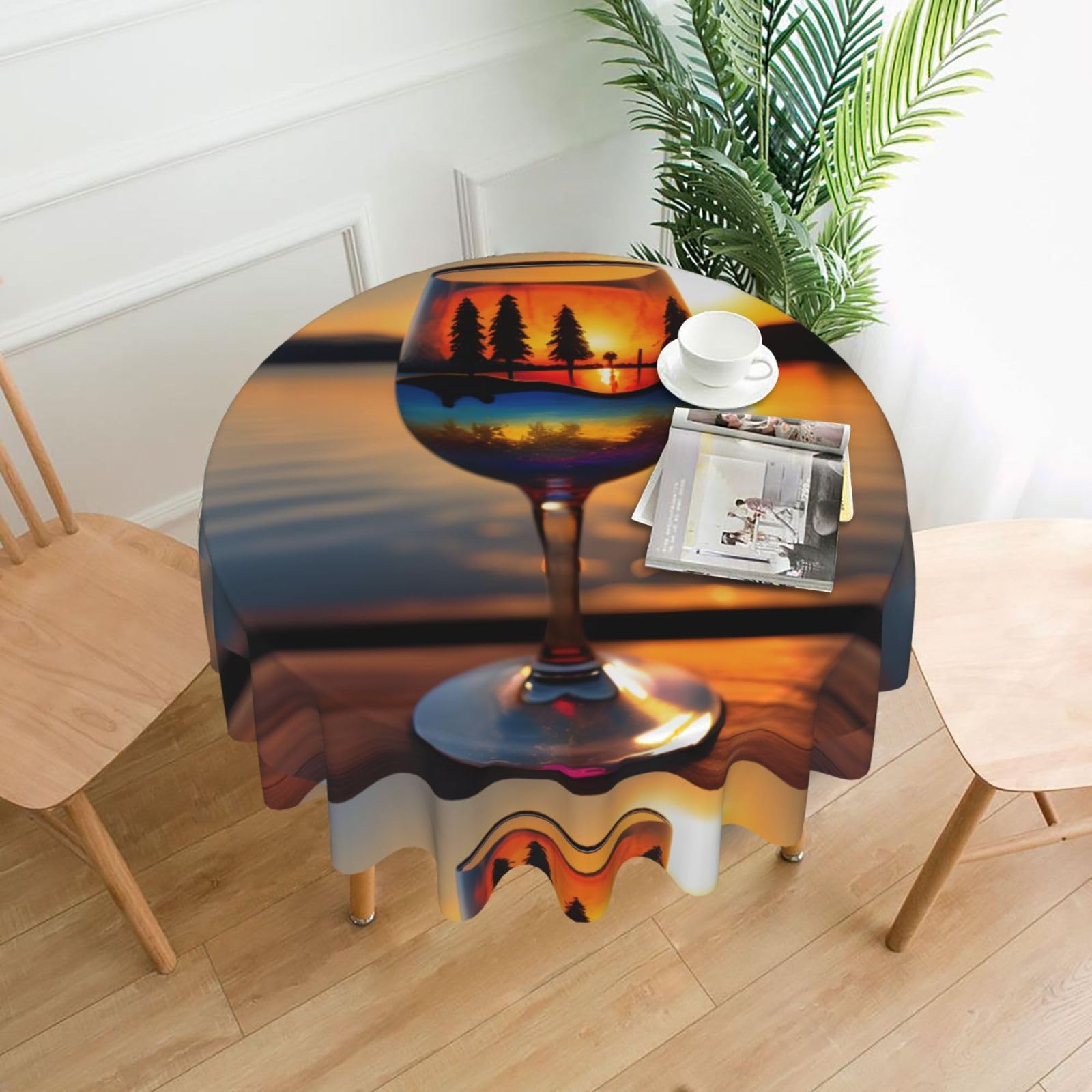 Nbtghga Sunset Wine Glass Print Tablecloth Round Border Table Cloth Cover Decorative For Party Holiday Dinning Tabletop Home