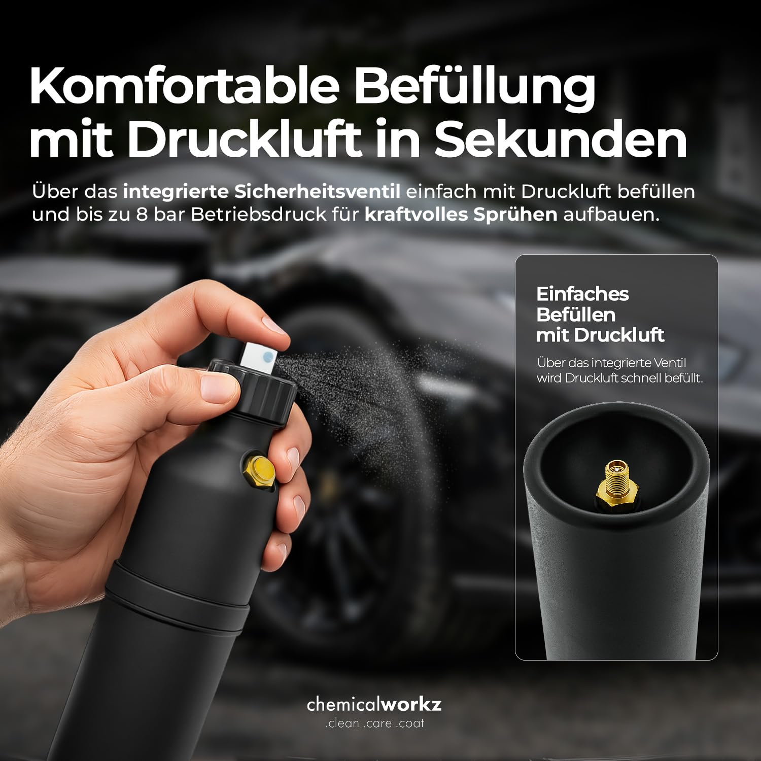 chemicalworkz Druckluft Sprühflasche 200 ml | Refill Pressure Sprayer mit 8 bar, Sicherheitsventil und 2 Düsen für Sprühnebel & Punktstrahl | Wiederbefüllbares Drucksprühgerät für Auto & Werkstatt