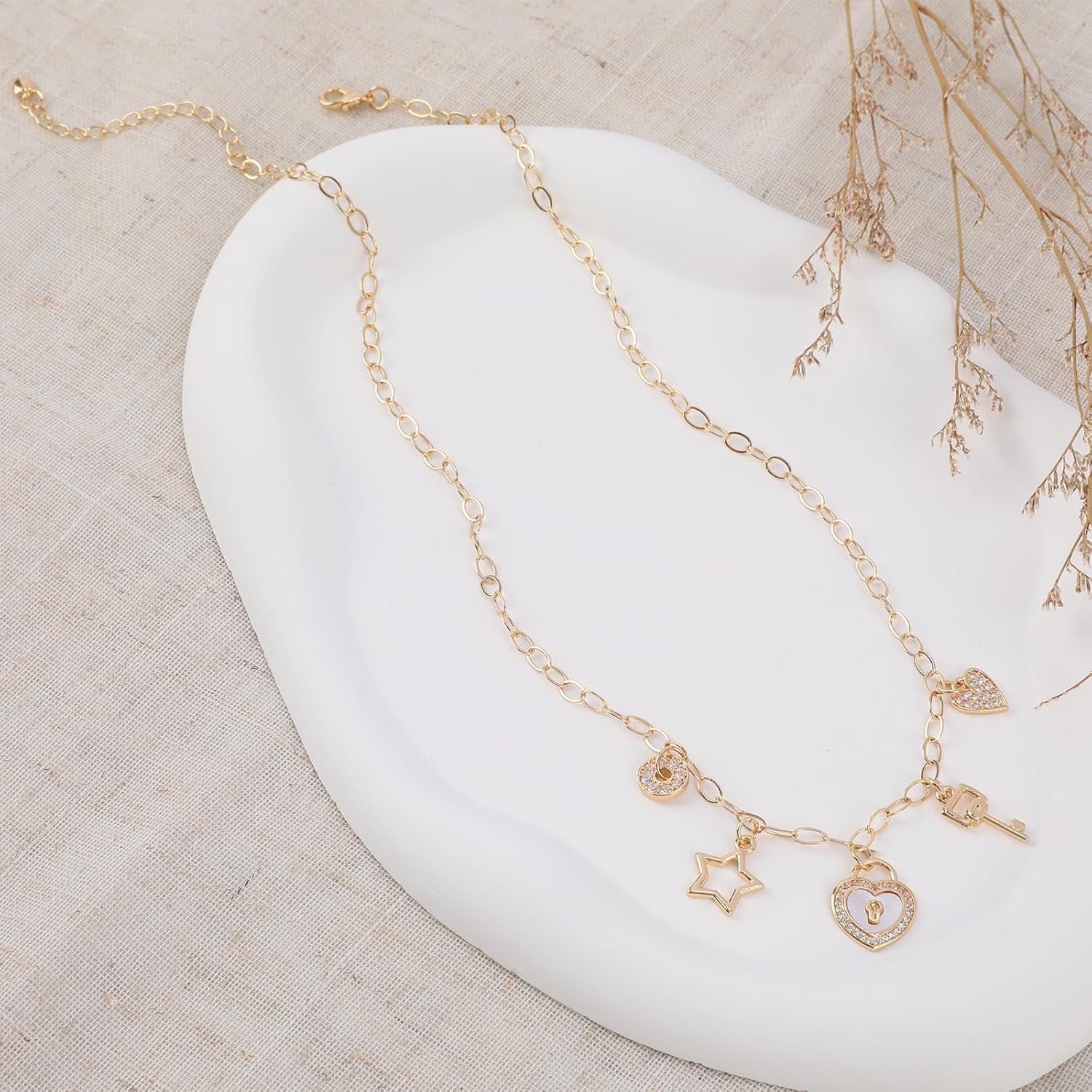 Gold Charm Necklace for Women Gold Plated Chain Pendant Necklace with Cute Dangle CZ Love Heat Lock Key Star Clover Cross Pendant Adjustable Trendy Y2K Party Jewelry Gift for Teen - Image 5