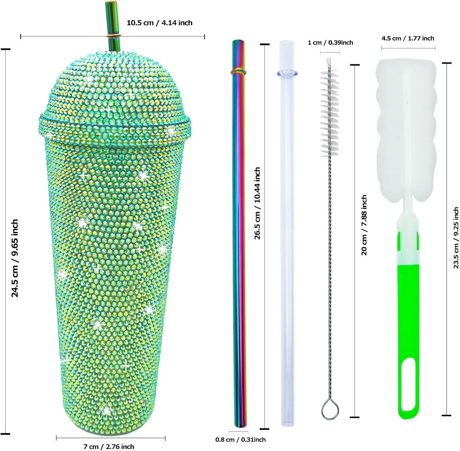 24oz Bling Cup Handmade Rhinestones Studded Tumbler Double Wall Insulated Plastic Reusable Water Bottle with Lid and Straws for Home Office Party Beach(Light Green) - Image 5
