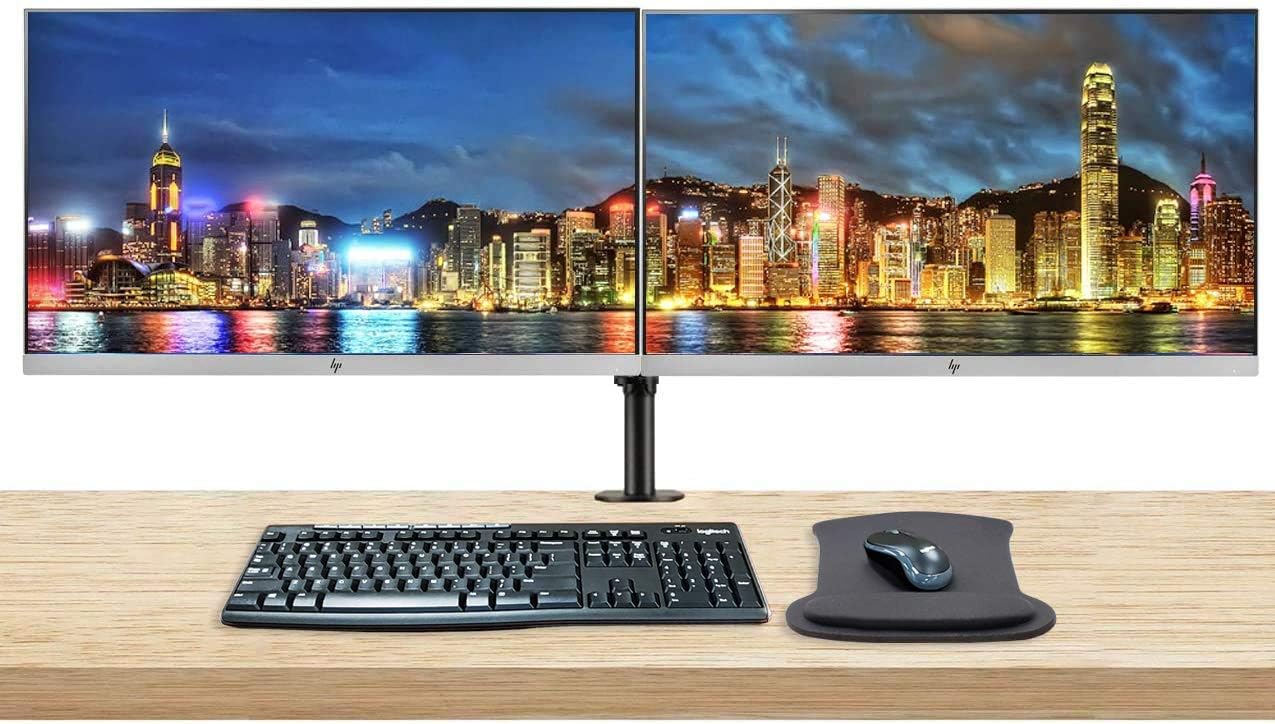HPEliteDisplay E243 24in 1920x1080 (1FH47A8) FHD IPS LED-Backlit LCD 2-Pack Monitor Bundle with HDMI, VGA, DisplayPort, MK270 Wireless Keyboard and Mouse, Gel Mouse Pad, Desk Mount Dual Monitor Stand