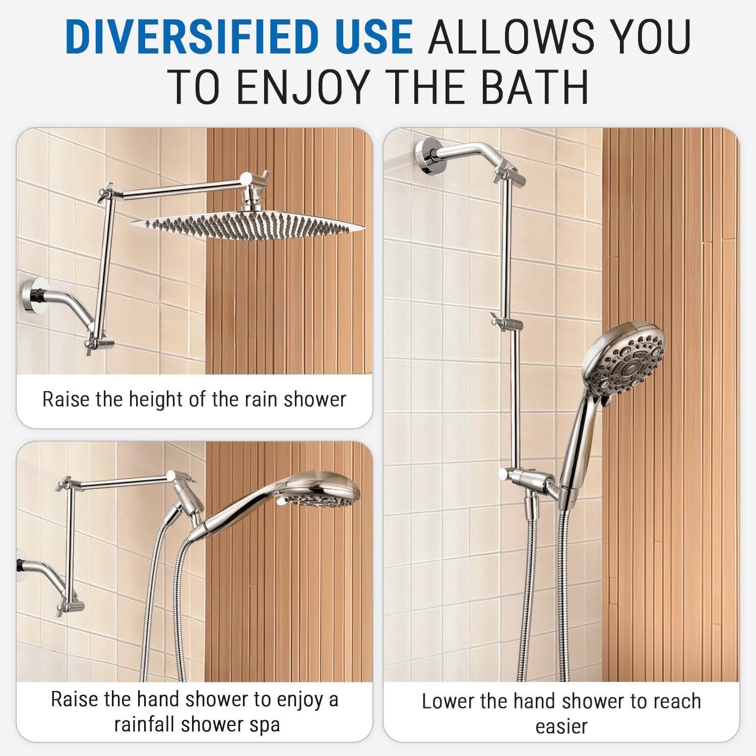 G-Promise 18 Inch Shower Head Extension Arm, Solid Brass Height & Angle Adjustable Extender, Rise or Lower Rainfall and Fixed Shower Head (Chrome)