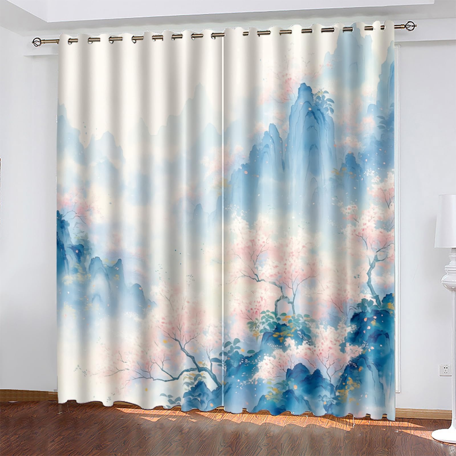 Wazylphin Blackout Eyelet Curtains Blue Landscape Thermal Blackout Curtains for Bedroom Living Room Black Out Curtain Reduce Noise Eyelet Curtins Durable Polyester Thick Window Curtain 2x75x166cm