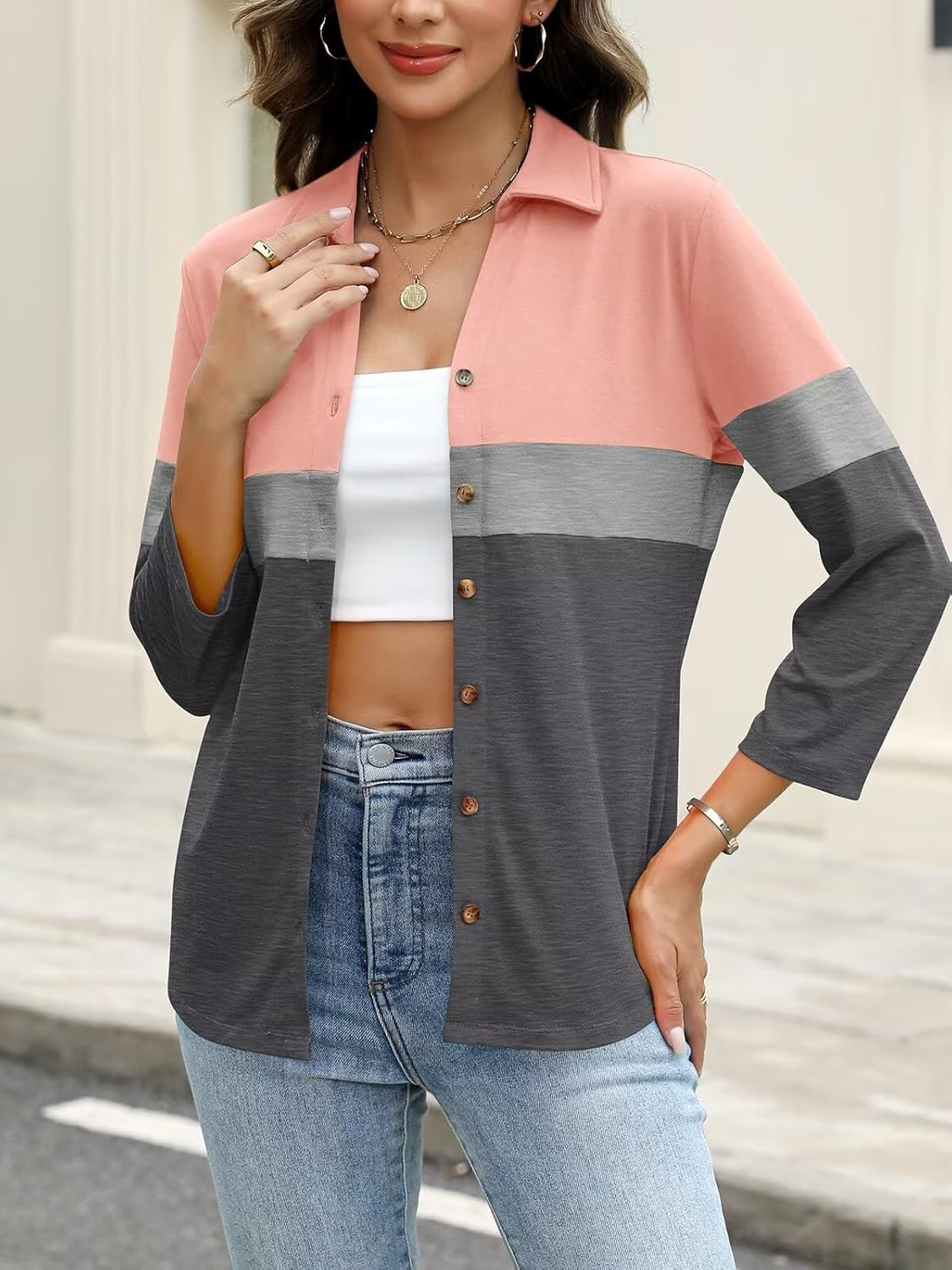 ORANDESIGNE Women's Button Down Shirts 3/4 Length Sleeve Polo Collared Tops Business Casual Color Block Summer Tees - Image 3