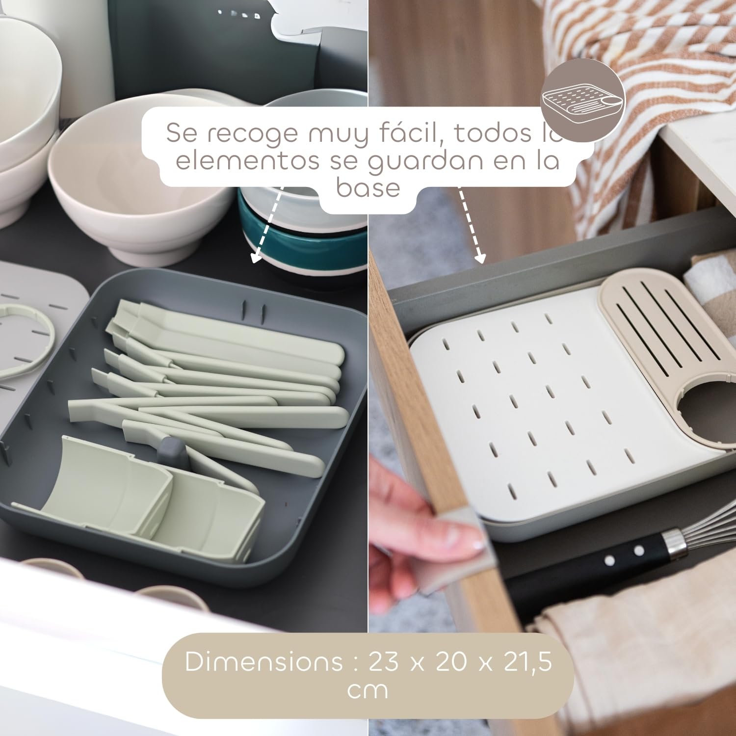 BÉABA, Escurridor y secador de biberones, gran capacidad, fabricado en España, modulable, hasta 6 biberones y vajilla para niños, recipiente para accesorios, fácil de guardar, compacto, Aarcilla.