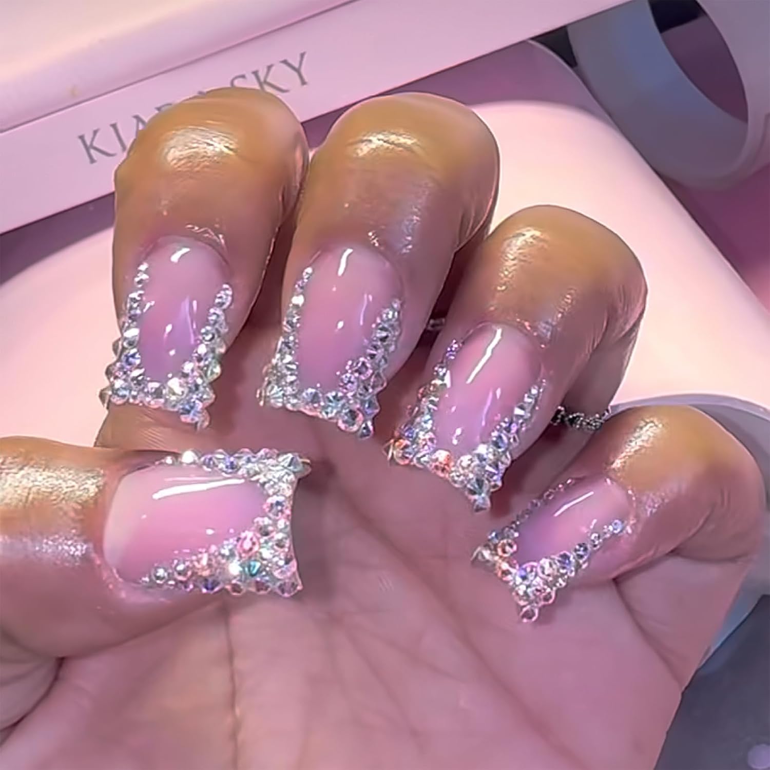 French Tip Press On Nails, 24 Pcs, Multicolor, Rhinestone Design, Glossy, Square, Plastic, Full Cover, 4-7 Days, Office to Party