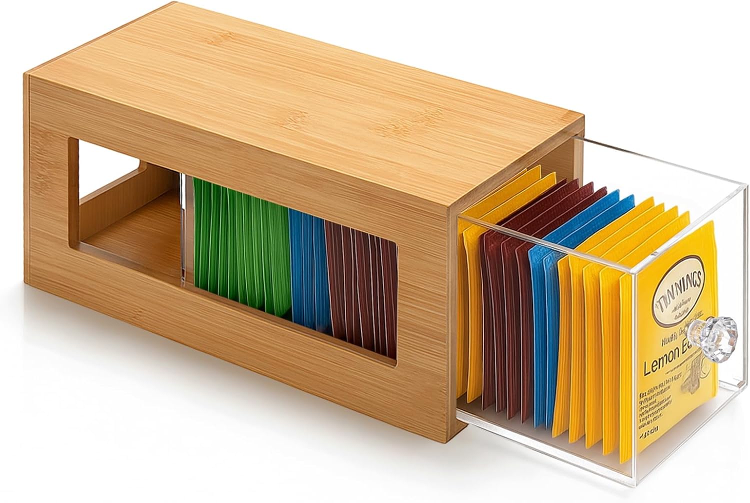 Bamboo and Acrylic Tea Bag Organizer Drawer, Stackable Tea Bag Holder and Organizers, Wooden Storage Containers with Acrylic Drawer, Space Saving for Office Kitchen Countertop Cabinet Pantry(2 Pcs)