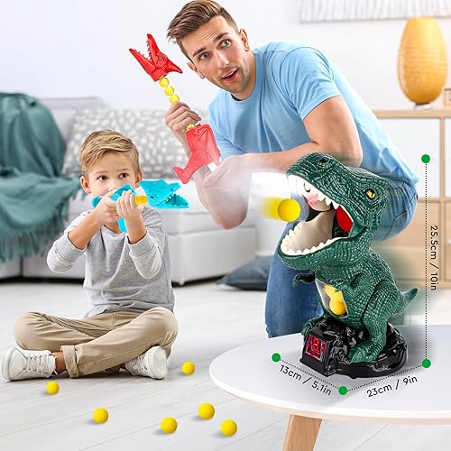 Miniatura 7 de Juego de disparos de dinosaurios para niños, juguete de dinosaurio movible con 2 bombas de aire y juegos de disparos de dinosaurios con bolas de