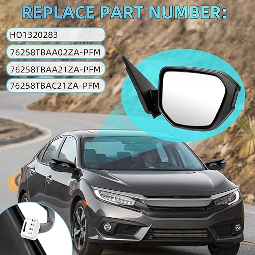 Miniatura 10 de Espejo eléctrico para puerta del lado derecho del pasajero, compatible con Honda Civic 2016, 2017, 2018, 2019, 2020, 2021, vidrio con ajuste