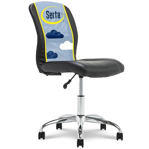 Serta Essential Armless TaskChair, Small Desk Chairs with Wheels, Breathable Mesh Back and Faux Leather, Quality Foam Cushion Seat for Comfort, Minimal Design for Vanity Table, Black