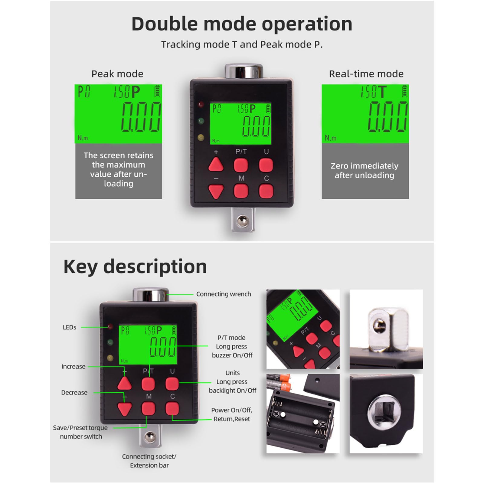 Misuratore di coppia digitale ad alta precisione Adattatore di coppia digitale Strumento portatile regolabile per meccanica professionale Maniglia 2-340NM