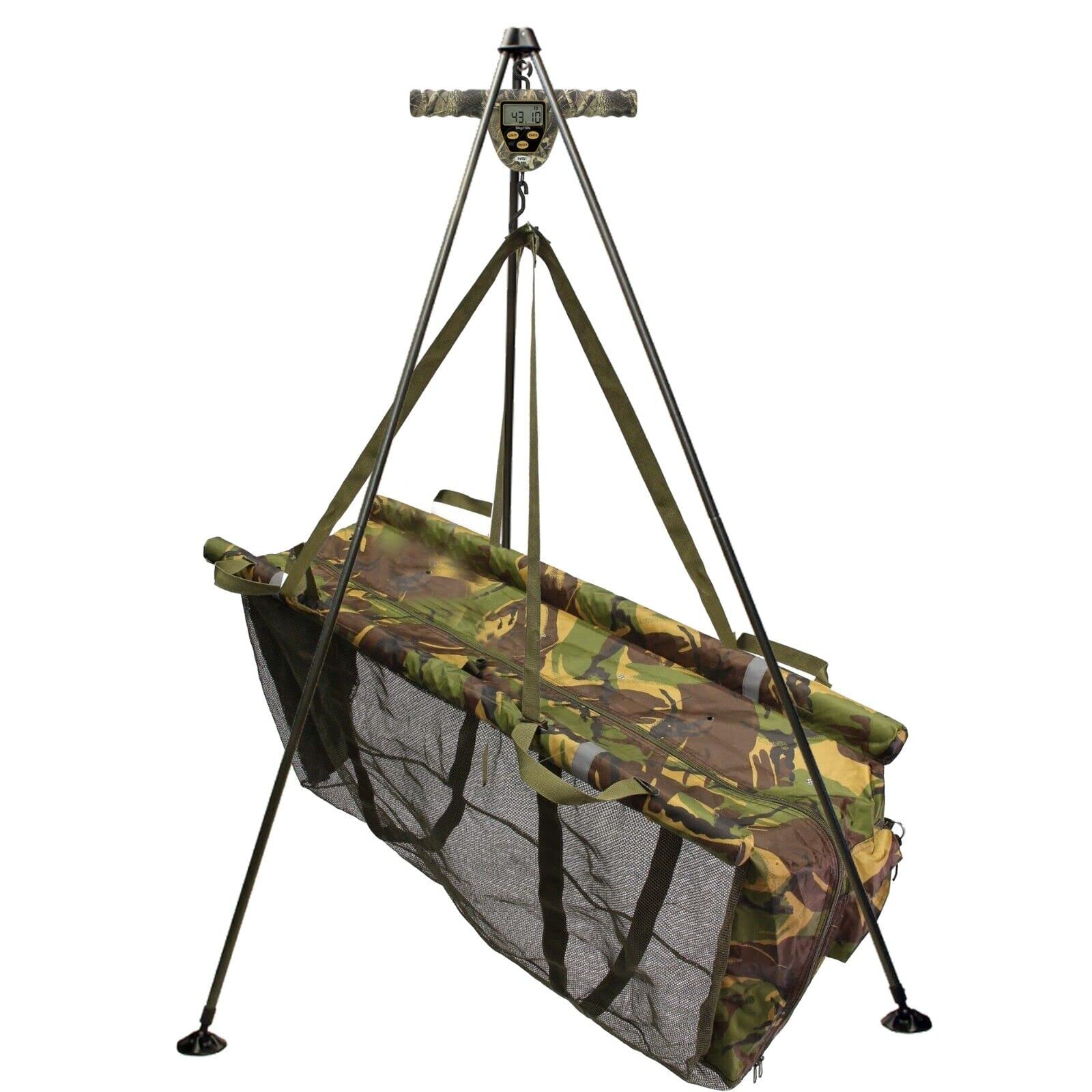 DNA Leisure Système de trépied pour pêche à la carpe avec balance numérique Camo Sling 50 kg