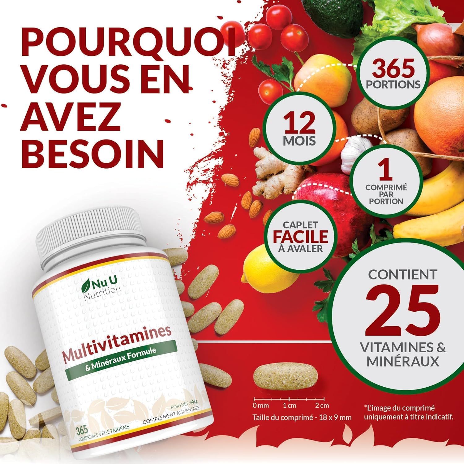 Multivitamines et Minéraux - 365 Comprimés (12 Mois) - 25 Nutriments dont Vit A B C D Fer Zinc Magnesium - Complément Alimentaire Homme et Femme - Vitamines, Minéraux et Compléments - Nu U Nutrition