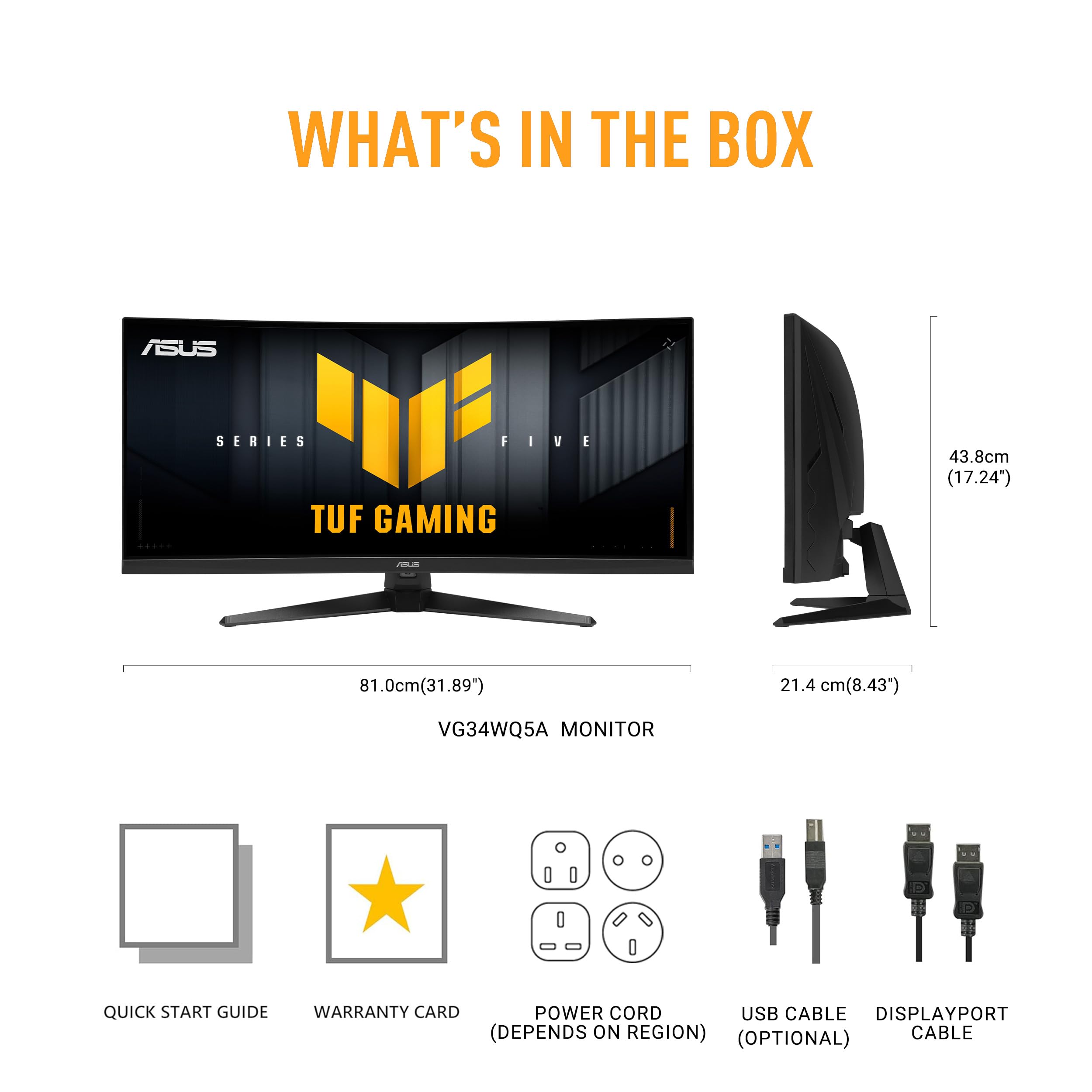 ASUS TUF GAMING VG34WQ5A, Monitor Gaming Curvo Serie 5 da 34" WQHD, Nero | Fast VA (3440x1440), 0,5ms (GTG), Doppia Modalità (WQHD 200Hz or HD 400Hz), ELMB SYNC, DisplayWidget Center, Gaming AI