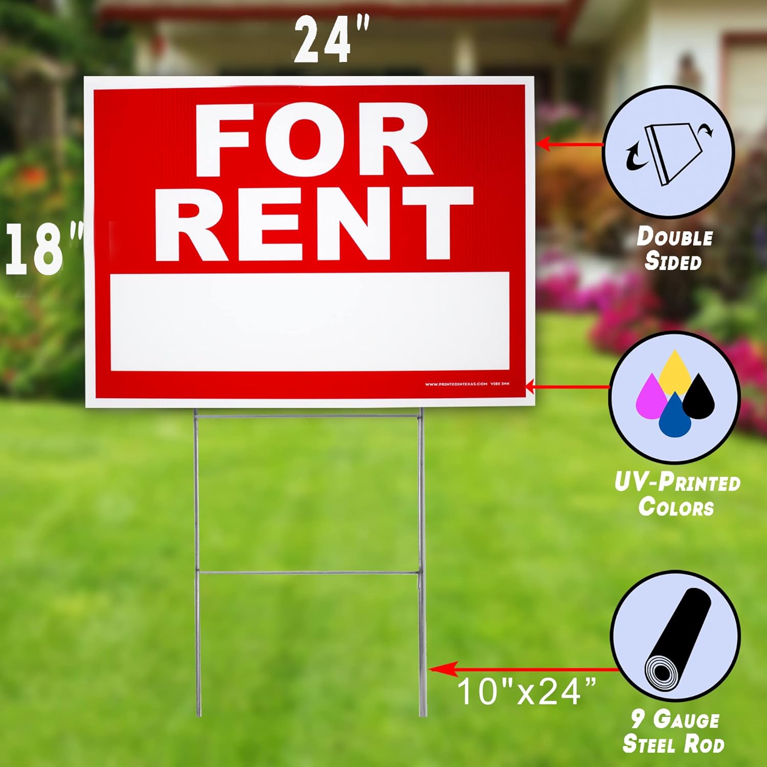 VIBE INK Large 24"x18" Home for Rent Yard Sign Lawn Signage UV Ink Corrugated Plastic Double Sided Waterproof Metal Stake included - Made in USA Great for Real Estate, Private Sellers, Home Owners (2)