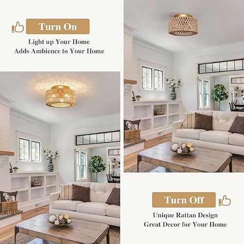 Miniatura 3 de Lámparas de techo de ratán, montaje en techo, 3 luces, lámpara de techo de montaje empotrado estilo boho, lámpara de sombra de jaula tejida a mano,