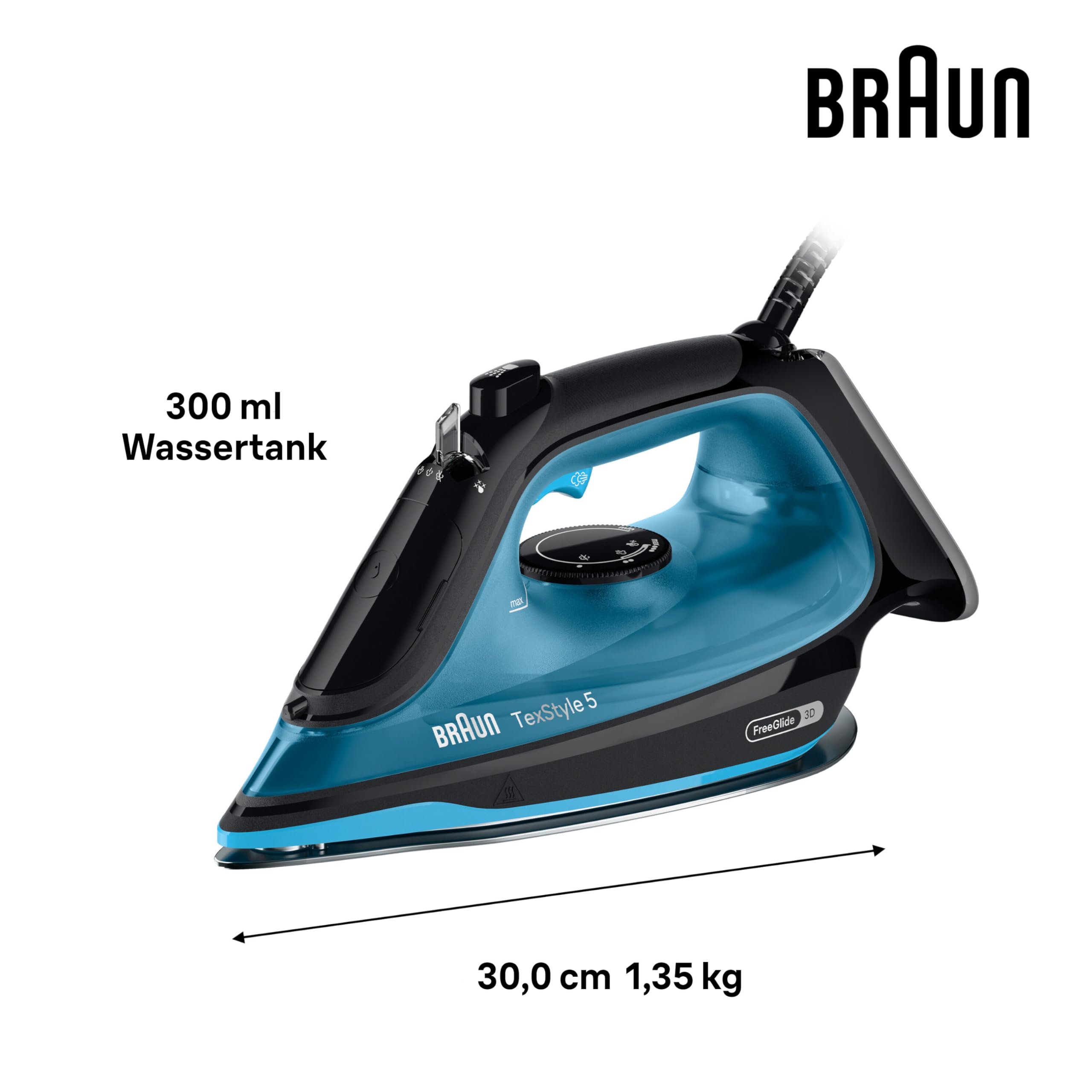 Braun TexStyle 5 SI5256 BL Dampfbügeleisen mit FreeGlide 3D Bügelsohle, Präzisionsspitze, Vertikaldampf, Anti-Tropf-System, 210 g/min Dampfstoß, 300ml Wassertank, 2600W, Schwarz/Blau