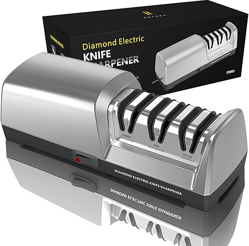 Electric Knife Sharpener 3 Stage - 100% Diamond Abrasives with 15Precision Angle Guide, for Sharpening and Polishing Kitchen Knives and Ceramic