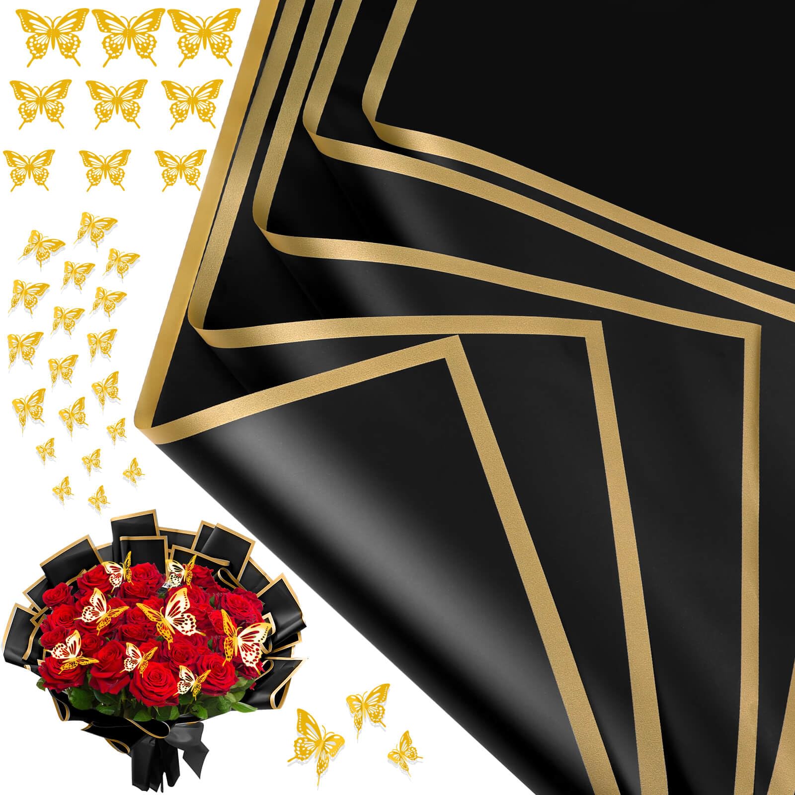 cridoz 20 Pieces Flower Wrapping Paper with 12 Pieces Butterfly Decorations for Flower Bouquet(Black) — image 1