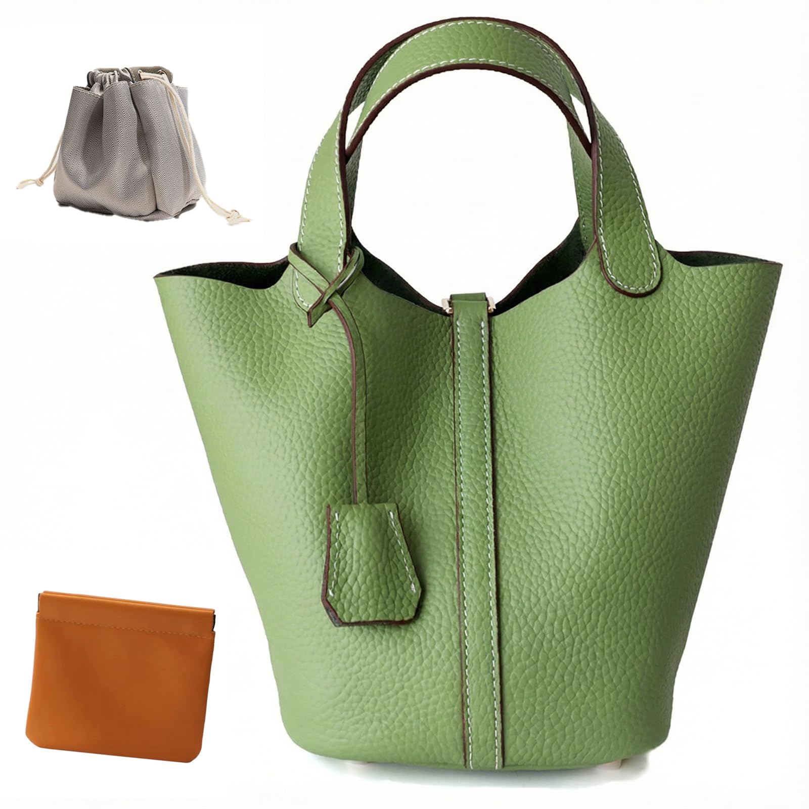 Genuine Leather Lock Design Bucket Bag Vegetable Basket, Fashionable and Versatile Satchel Handbag — view 13