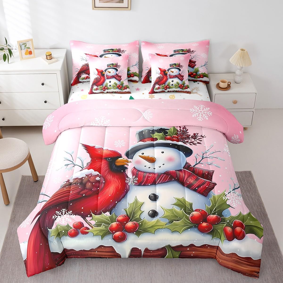 Feelyou Merry Christmas 7 Piece Bedding Set Twin Size Xmas Cute Snowmen Comforter Set with Sheets for Kids Boys Girls Adult Parrot Bird Bed in a Bag Pink Bed Set