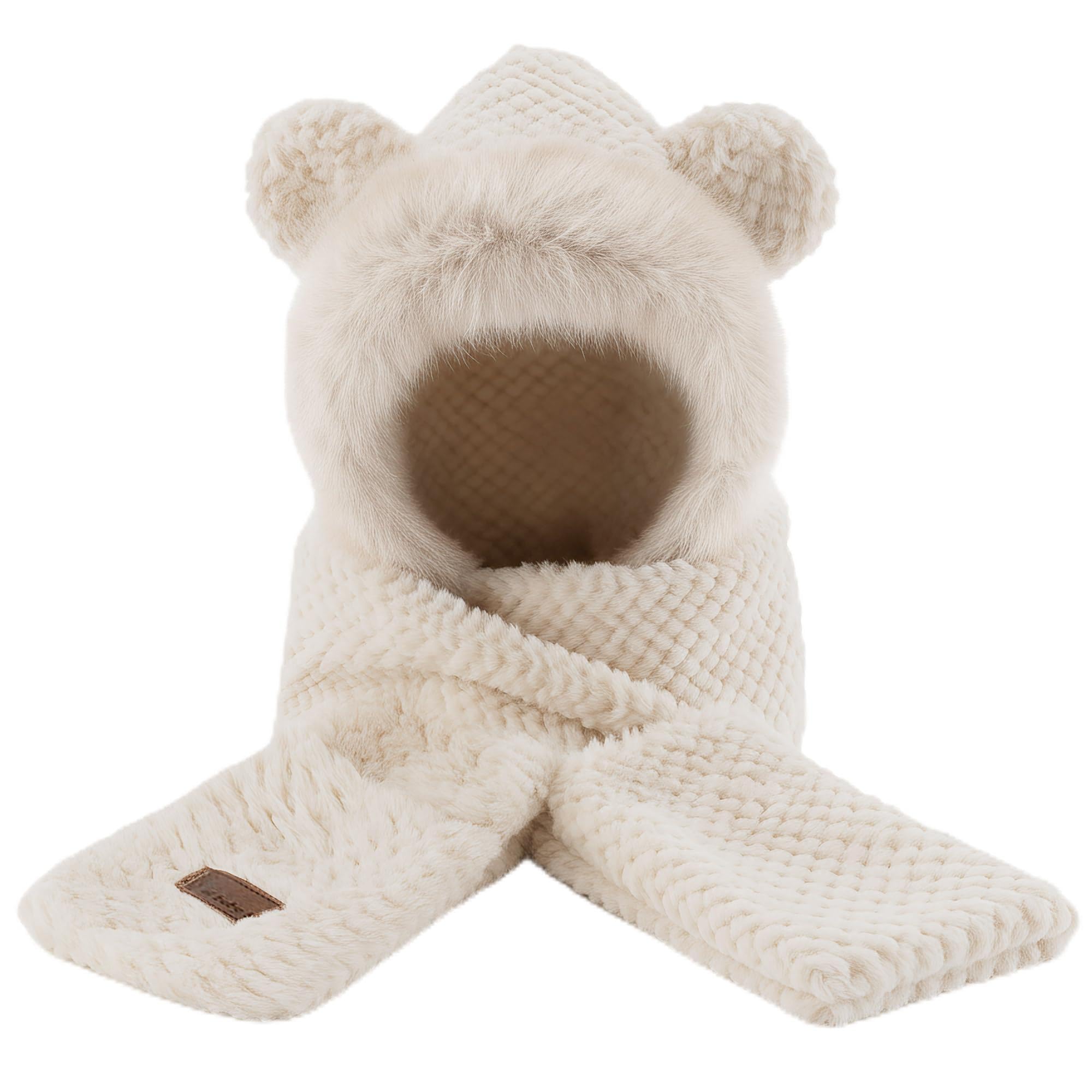 Hooded Scarf for Women, Winter 3-In-1 Fleece Scarf Hats, Cute Bear Ear Hooded Scarfs Beanie and Gloves-image-35