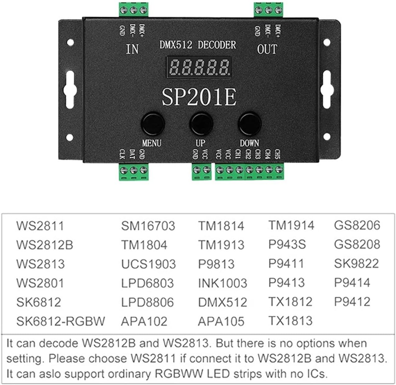 SP201E DMX512 decoder DC 5-24V Converter Controller DMX512/1990 to SPI addressable LED 1024 Pixels or PWM 5CH dimming