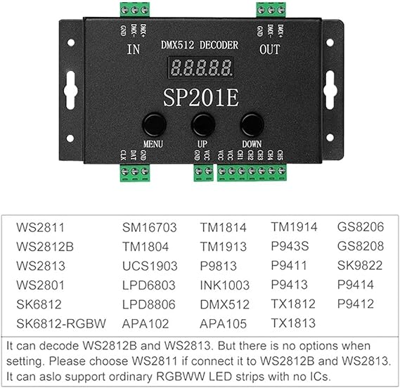 SP201E DMX512 decoder DC 5-24V DMX Converter Controller DMX512/1990 to SPI addressable LED 1024 Pixels or PWM 5CH dimming Signal