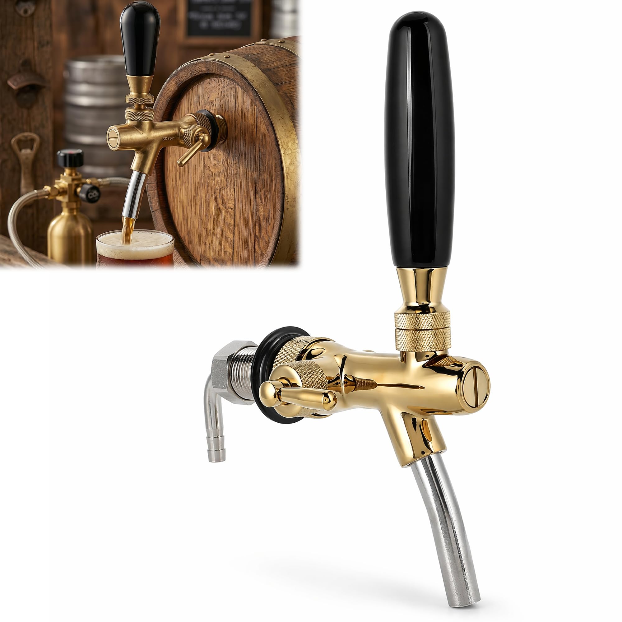 G5/8 Verstellbarer Bierhahn: Bierhahn Einstellbare Bierzapfhahn mit Durchflusskontrolle für Zapfanlage Edelstahl Messing für Bar Zuhause Restaurant (Gold)