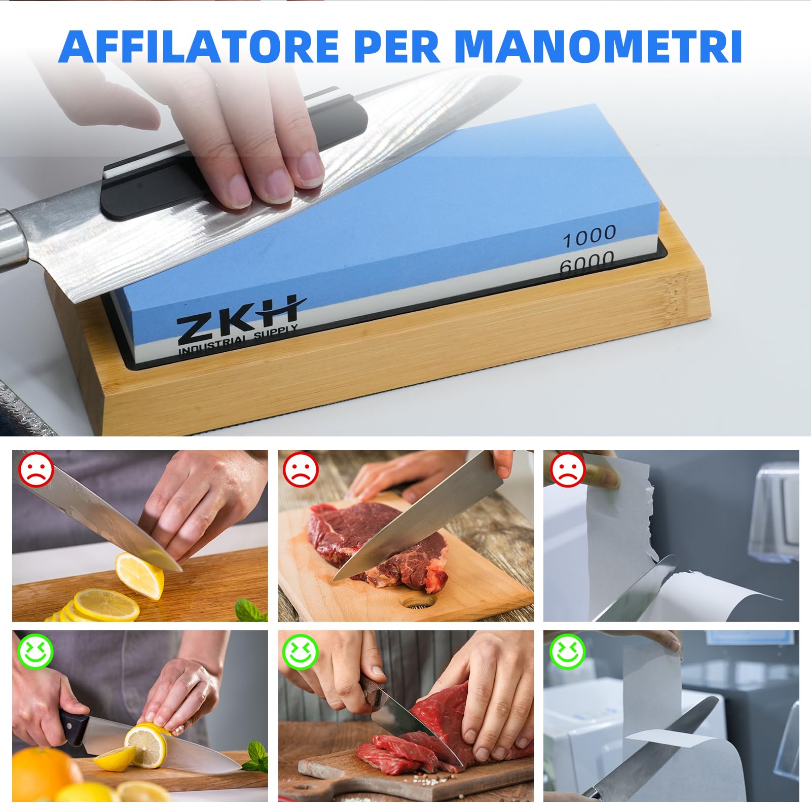 ZKH 5 in 1 Pietra Affilacoltelli, Pietra per Affilare Coltelli Doppia Faccia Grana 1000/6000, Pietre Affilatura Coltelli con Base in Bambù Antiscivolo, Pietra per Appiattire, Guida Angolare
