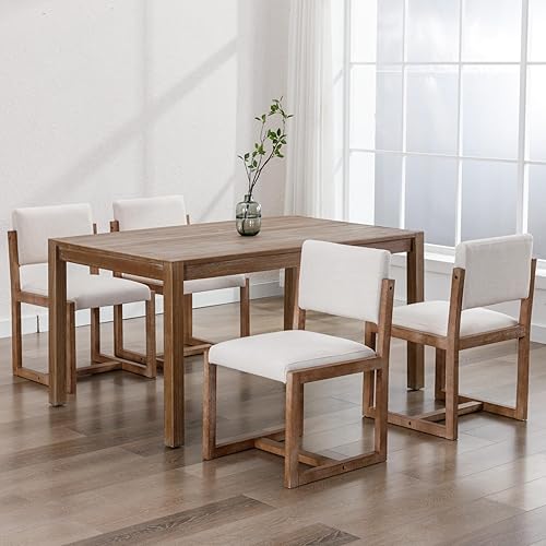 Miniatura 3 de LukeAlon Juego de 4 sillas de comedor vintage de lino, sillas laterales de cocina con respaldo abierto de granja con patas de madera maciza, sillas